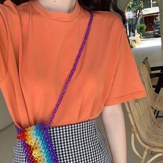Short-sleeve Plain T-shirt / Mini Plaid A-line Skirt