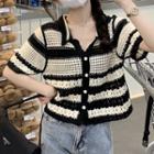Short-sleeve Striped Crochet Knit Top Stripe - White & Black - One Size