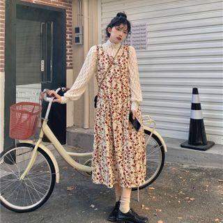 Flower Print Midi Overall Dress Dress - Almond - One Size