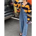 Long-sleeve Striped Loose-fit Polo-shirt / Loose-fit Denim Jumper Pants