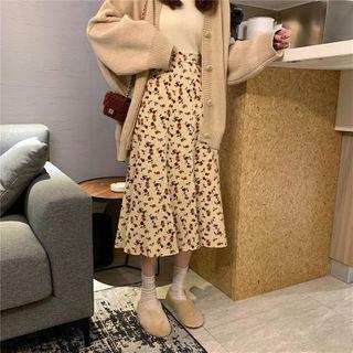Floral Print Corduroy A-line Midi Skirt