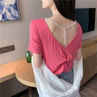 Short-sleeve Faux Pearl Twist-accent T-shirt