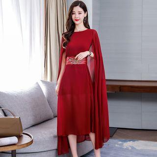 Cape-sleeve Embroidered Midi A-line Chiffon Dress