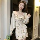 Strappy Floral Overall Dress / Long-sleeve Plain Knit Cardigan