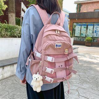Mesh Panel Pocket Buckled Nylon Backpack