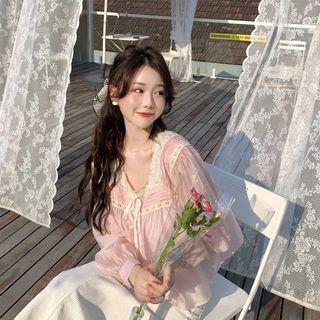 Long-sleeve Tie-front Lace Trim Blouse Pink - One Size