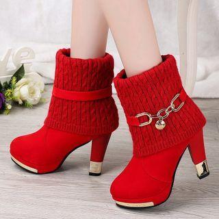 Knit Panel Platform Block Heel Short Boots