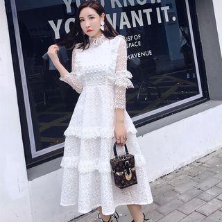 3/4-sleeve Tiered Lace Midi Party Dress