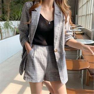 Set: Single-breasted Checked Jacket + Band-waist Shorts
