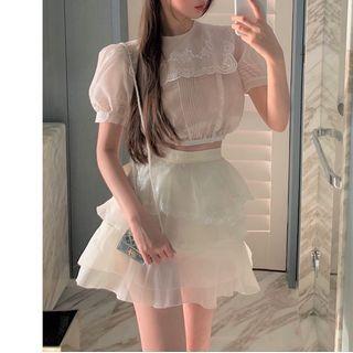 Short-sleeve Embroidered Blouse / A-line Skirt