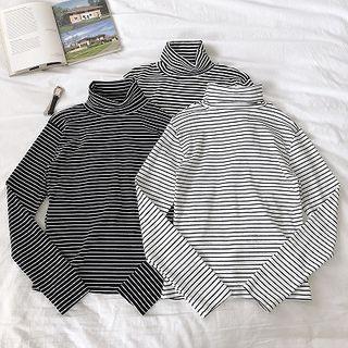 Color-block Striped Turtle-neck Slim-fit Long-sleeve Top