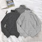 Color-block Striped Turtle-neck Slim-fit Long-sleeve Top