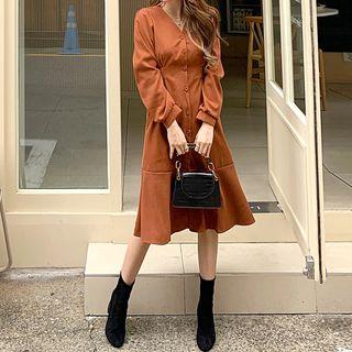 Buttoned Tie-waist Ruffle-hem Midi Dress