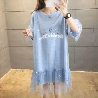 Mesh Panel Cartoon Print Elbow-sleeve Mini T-shirt Dress
