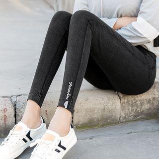 Cropped Lettering Embroidered Skinny Pants