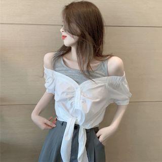 Off-shoulder Tie-hem Mock Two-piece Top As Shown In Figure - One Size