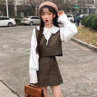 Tie Neck Blouse / Plain Vest / A-line Skirt / Set