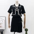 Set: Colorblock Polo Top + Buckled A-line Skirt Black - One Size