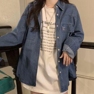 Pocket Embroidered Long-sleeve Denim Shirt / Lettering T-shirt