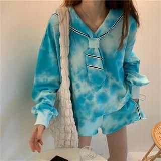 Set: Tie-dye Sailor Collar Sweatshirt + Shorts Blue - One Size