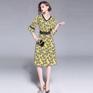 3/4-sleeve Leaf Pattern Chiffon Dress