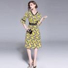 3/4-sleeve Leaf Pattern Chiffon Dress