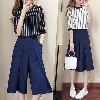 Set: Short-sleeve Striped T-shirt + Wide Leg Pants