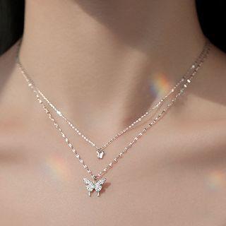 Butterfly Pendant Layered Sterling Silver Necklace Silver - One Size