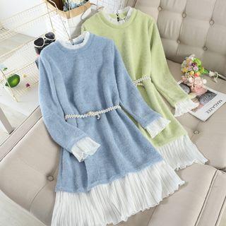 Mock Two-piece Faux Pearl Belt Midi Knit Dress
