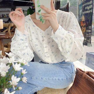 Long-sleeve V-neck Floral Print Blouse White - One Size