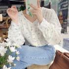 Long-sleeve V-neck Floral Print Blouse White - One Size