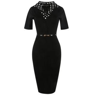 Dotted Panel Elbow-sleeve Midi Dress