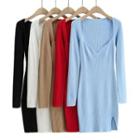 Square-neck Long-sleeve Knit Sheath Dress
