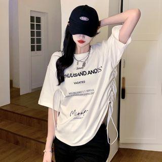 Elbow-sleeve Drawstring Lettering T-shirt
