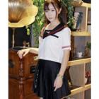 Set : Sailor Collar Short-sleeve Top + Pleated Skirt