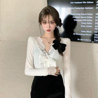 Long-sleeve Lace Trim Knit Top / Velvet Pencil Skirt