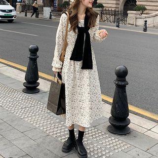 Set: Long-sleeve Floral Print Midi A-line Dress + Scarf