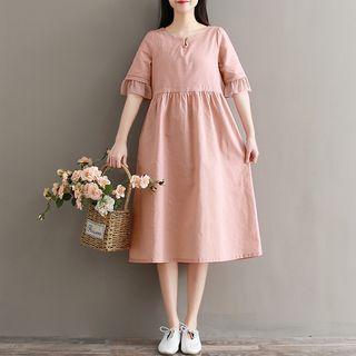Crew-neck Elbow-sleeve Midi A-line Dress