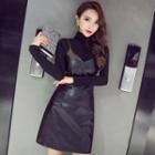 Set: Long-sleeve Mock-neck Top + Spaghetti Strap A-line Mini Dress