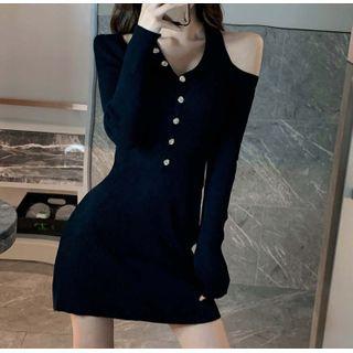 Cold-shoulder Button Knit Dress Black - One Size