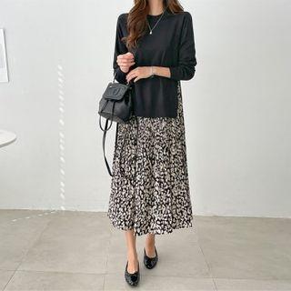 Set: Slit-hem Knit Top + Pleated Color-block Dress
