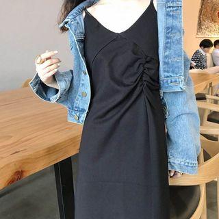 Spaghetti-strap Slit Midi Dress Black - One Size