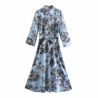 Floral Tie-waist Midi A-line Shirtdress