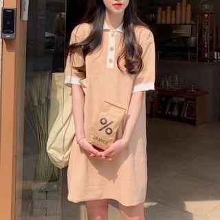 Color Block Short-sleeve Knitted Collared Dress
