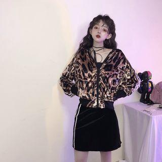 Leopard Print Zip Jacket / Contrast Trim A-line Mini Skirt