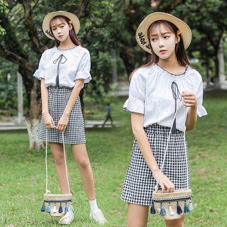 Set: Short-sleeve Frill Trim Top + Checker A-line Mini Skirt