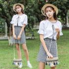 Set: Short-sleeve Frill Trim Top + Checker A-line Mini Skirt