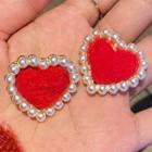 Heart Faux Pearl Earring 1 Pair - Earrings - Faux Pearl - Love Heart - Red - One Size