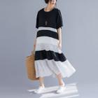 Pattern Paneled Elbow-sleeve Dress Black - One Size