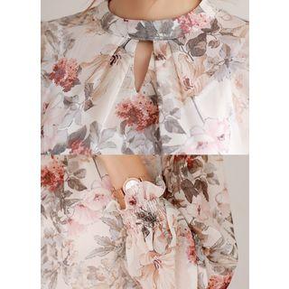 Cutout Mock-neck Floral Chiffon Blouse